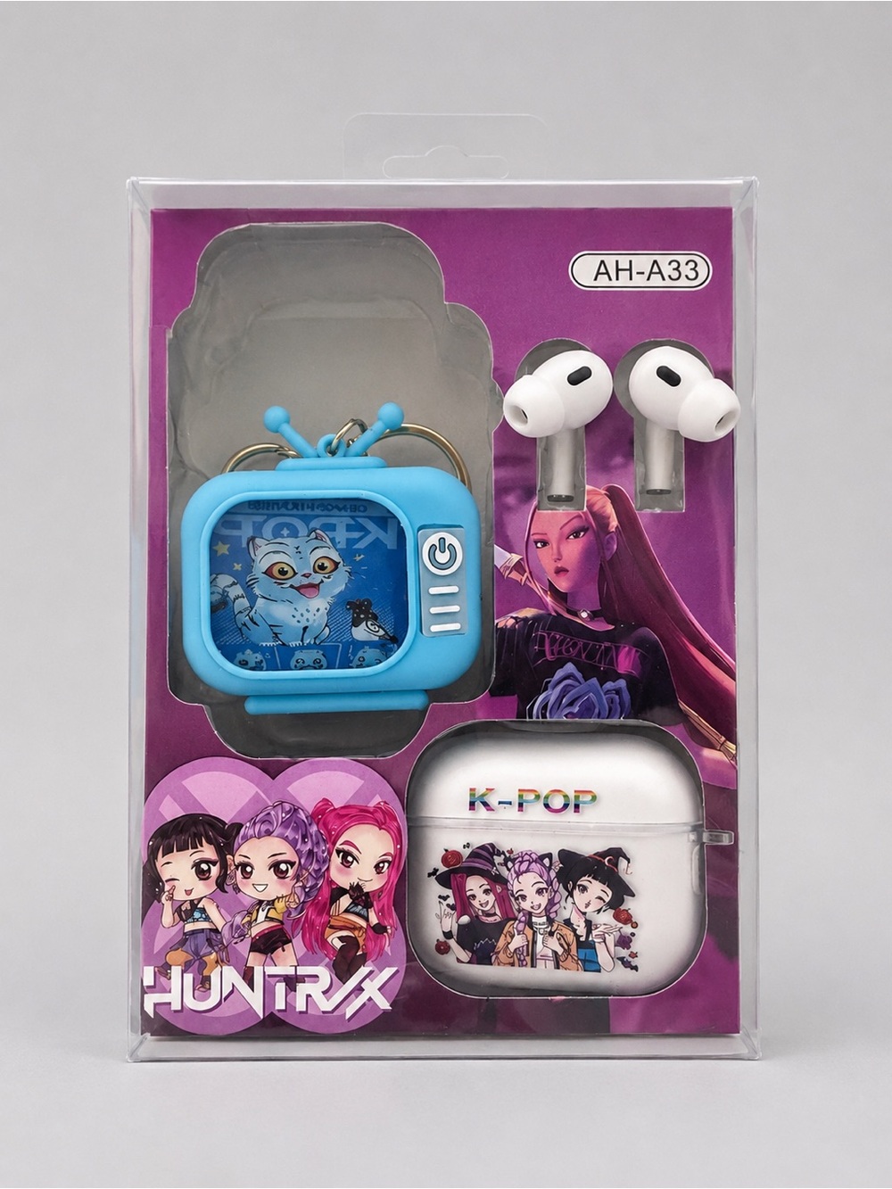 K-POP Themed White Earbuds with Blue Protective TV-Style Case